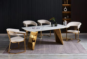 GRAFFI 180X90X75CM DINING TABLE FEATURES A WHITE MARBLE EFFECT CERAMIC TOP WITH A GOLD FEETS 180X90X75CM