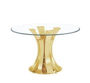 MESA DE COMEDOR REDONDA JUDITH 120X75CM CON TAPA DE CRISTAL TRANSPARENTE Y BASE DORADA.