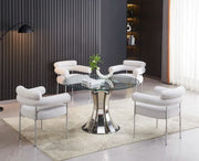 JUDITH 120X75CM ROUND DINING TABLE FEATURES A TRANSPARENT GLASS  TOP WITH SILVER BASE .