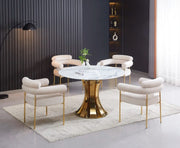 JUDITH 120X75CM ROUND DINING TABLE FEATURES A WHITE MARBLE ON  TOP WITH GOLD BASE .