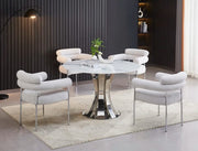 MESA DE COMEDOR REDONDA JUDITH DE 120X75CM CON CUBIERTA DE MÁRMOL BLANCO Y BASE PLATEADA.