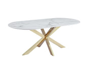 MESA DE COMEDOR MANON DE 150X90 CM CON EFECTO MÁRMOL BLANCO Y PATAS DORADAS.