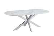 MESA DE COMEDOR MANON DE 180X90 CM CON EFECTO MÁRMOL BLANCO Y PATAS PLATEADAS.