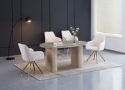 MESA DE COMEDOR ROXY DE 160X90X75CM CON CUBIERTA DE CRISTAL TRANSPARENTE Y BASE CON EFECTO TRAVERTINO.