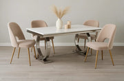 MESA DE COMEDOR OMEGA DE 180X90 CM CON TAPA BLANCA Y PATAS PLATEADAS.