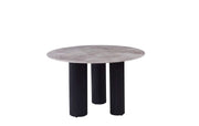 ANAIS 120 CM DINING TABLE FEATURES A GREY MARBLE EFFECT CERAMIC TOP WITH A BLACK LEGS.