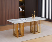 STALAX 180X90X75CM DINING TABLE FEATURES A WHITE MARBLE TOP WITH GOLD FEETS.
