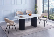 ANNA 180X90X75CM DINING TABLE FEATURES A WHITE MARBLE EFFECT TOP WITH BLACK LEGS .