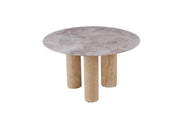 MESA DE COMEDOR ANAIS DE 120 CM CON TAPA EFECTO MÁRMOL GRIS Y PATAS DE TRAVERTINO.