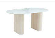 MESA DE COMEDOR ROXY DE 180X90CM CON TAPA EFECTO MÁRMOL BLANCO Y PATAS DE TRAVERTINO.