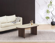PAGE 120X60X45CM COFFE TABLE FEATURES A WALNUT EFFECT MDF BASE WITH A MATTE TRAVERTINE CERAMIC TOP COMBINING NATURAL ELEGANCE AND DURABILITY.