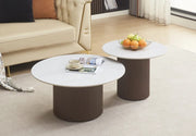 BAIETA 80X60CM COFFEE TABLE SET FEATURES A WALNUT  EFFECT BASE WITH A WHITE MARBLE EFFECT CERAMIC TOP , COMBINING MODREN ELEGANCE AND PRACTICAILITY.