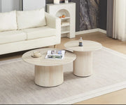 BAIETA 80X60CM COFFEE TABLE SET FEATURES A TRAVERTINE EFFECT BASE WITH A MATTE TRAVERTINE CERAMIC TOP.