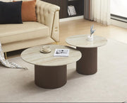 BAIETA 80+60CM COFFEE TABLE SET FEATURES A WALNUT EFFECT BASE  WITH A GLOSSY TRAVERTINE CERAMIC TOP  .