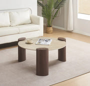 MESA DE CENTRO TRIQUETRA DE 90X43CM CON BASE DE MDF EFECTO NOGAL Y CUBIERTA DE CERÁMICA TRAVERTINO MATE.