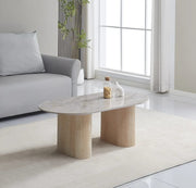 ROXY 120X60CM COFFEE TABLE FEATURES A GREY SHAKESPEARE CERAMIC TOP WITH A TRAVERTINE STYLE BASE.