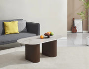 ROXY 120X60CM COFFEE TABLE FEATURES A GREY SHAKESPEARE CERAMIC TOP WITH A WALNUT STYLE BASE.