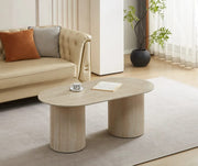 KINSHASA 120X60X45CM COFFEE TABLE FEATURES A MATTE TRAVERTINE EFFECT CERAMIC TOP WITH A METAL BASE FEETS.