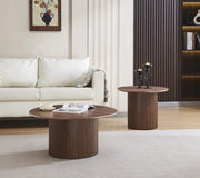MINALI 80+60CM COFFEE TABLE FEATURES A WALNUT EFFECT TOP WITH MATCHING WALNUT EFFECT METAL BASE WITH NATURAL TONES.