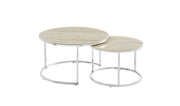 GIGOGNE 80X45+60X38CM COFFEE TABLE SET FEATURES A TRAVERTINE EFFECT CERAMIC TOP WITH SILVER LEGS.