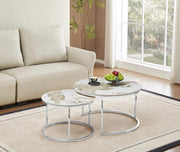 GIGOGNE 80X45+60X38CM COFFEE TABLE SET FEATURES A BROWN CERAMIC TOP WITH SILVER LEGS.