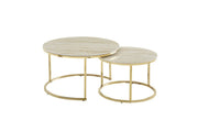 GIGOGNE 80X45+60X38CM COFFEE TABLE SET FEATURES A TRAVERTINE EFFECT CERAMIC TOP WITH GOLD LEGS.