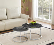 GIGOGNE 80X45 +60X38CM COFFEE TABLE SET FEATURES A BLACK CERAMIC TOP WITH SILVER LEGS .