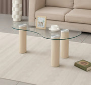 LA MESA DE CENTRO PYLONE DE 120X70X45CM CUENTA CON UNA TAPA DE CRISTAL TRANSPARENTE Y PATAS BLANCAS.