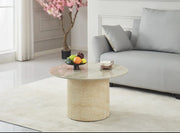 FAMOUS 80X45CM COFFEE TABLE FEATURES A GLOSSY TRAVERTINE EFFECT CERAMIC TOP WITH A TRAVERTINE STYLE FEETS.