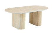 ROXY 120X60X45CM COFFEE TABLE FEATURES A MATTE TRAVERTINE EFFECT CERAMIC TOP WITH A TRAVERTINE STYLE BASE FEETS.