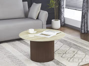 FAMOUS 80X45CM COFFEE TABLE FEATURES A GLOSSY TRAVERTINE EFFECT CERAMIC TOP WITH A WALNUT EFFECT FEETS.