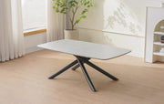 LA MESA DE CENTRO NYSA DE 120X70X45CM PRESENTA UNA TAPA DE CERÁMICA BLANCA CON EFECTO TRAVERTINO Y PATAS DE METAL NEGRO.