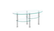 MESA DE CENTRO ESTILO JUEGO 100X50X45CM CUENTA CON UN DISEÑO DE CRISTAL TRANSPARENTE QUE COMBINA PATAS PLATEADAS.