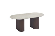 ROXY 120X60X45CM COFFEE TABLE FEATURES A MATTE TRAVERTINE EFFECT CERAMIC TOP WITH A WALNUT STYLE BASE FEETS.