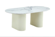 ROXY 120X60X45CM COFFEE TABLE FEATURES A WHITE MARBLE EFFECT CERAMIC TOP WITH BEIGE LEGS .