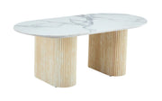 LA MESA DE CENTRO ROXY DE 120X60X45CM PRESENTA UNA TAPA DE CERÁMICA CON EFECTO MÁRMOL BLANCO Y PATAS ESTILO TRAVERTINO.