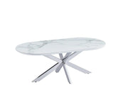 La mesa de centro MANON de 120x60 CM cuenta con una tapa de cerámica con efecto mármol blanco y una base de estilo Manon plateada.