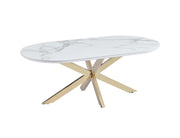 La mesa de centro MANON de 120x60 CM cuenta con una tapa de cerámica con efecto mármol blanco y una base de estilo MANON dorada.
