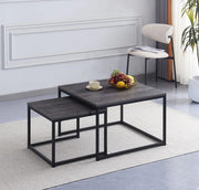 NESTING COFFEE TABLE SET 70X70X46CM + 50X50X40CM FEATURES GREY WOOD TOPS WITH  BLACK METAL BELGRADE STYLE BASES FEETS.
