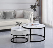 GIGOGNE 80+60CM FEATURES A WHITE MARBLE EFFECT CERAMIC TOP WITH BLACK SAMIRA STYLE LEGS.