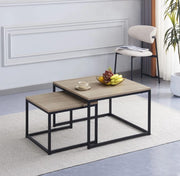 NESTING COFFEE TABLE SET 70X70X46CM + 50X50X40CM FEATURES BEIGE WOOD TOPS WITH  BLACK METAL BELGRADE STYLE BASES FEETS.