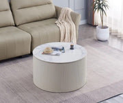 MESA DE CENTRO DE 80X45 CM CON TAPA DE CERÁMICA EFECTO MÁRMOL BLANCO Y PATAS DE ESTILO VALMY DE COLOR BEIGE.