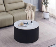 VALMY 90X45CM COFFEE TABLE FEATURES A GREY MARBLE EFFECT CERAMIC TOP WITH BLACK VALMY LEGS.
