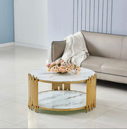 STICK 90X45CM COFFEE TABLE FEATURES A WHITE MARBLE TOP WITH A GOLD STICK STYLE BASE.