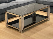 FLUTE 120X60X45CM COFFEE TABLE FEATURES A BLACK MARBLE EFFECT GLASS TOP WITH ADDITIONAL BLACK GLASS ELEMENTS AND A SILVER FEETS.
