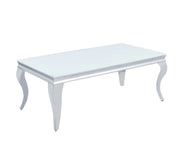 MESA DE CENTRO BAROQUE 120X60CM, ACABADO BLANCO CON PATAS PLATEADAS.