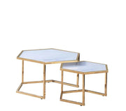 HEXAGONAL NESTING COFFEE TABLE WITH GOLD FINISH AND WHITE MARBLE SIZES  79X40CM+59X35CM.