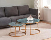 MESA DE CENTRO NIDO ROMEO CON ACABADO DORADO Y MÁRMOL GRIS-VERDE TAMAÑOS 80X45 + 60X38CM.