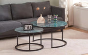 MESA DE CENTRO NIDO ROMEO CON ESTRUCTURA DE METAL NEGRO Y MÁRMOL VERDE GRISÁCEO TAMAÑO 80X45 + 60X38CM