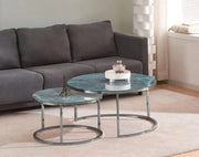 MESA DE CENTRO NIDO ROMEO CON ACABADO PLATEADO Y MÁRMOL GRIS-VERDOSO. 80X45CM + 60X38CM